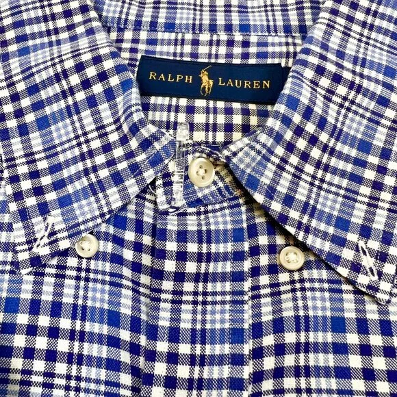 Ralph Lauren Mens Large Navy Blue White Plaid Shirt Long Sleeve Flesh Pony Logo